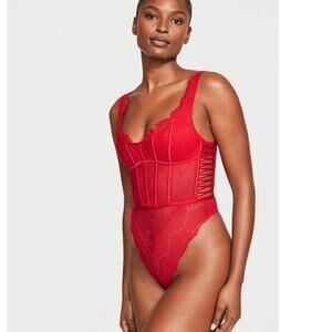 NWT Victoria's Secret Red Lace Corset Teddie Lingerie Bodysuit Size L Large